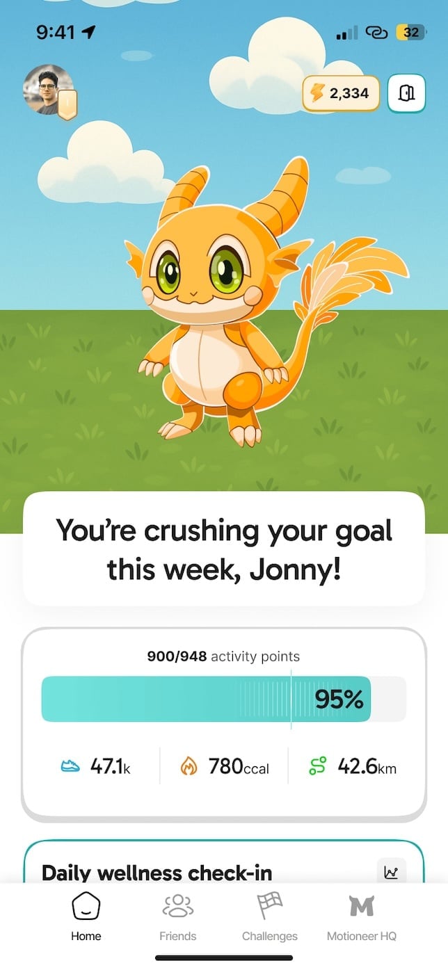 A motion app screenshot showing a weekly fitness goal and a happy tamagotchi style fitness pet